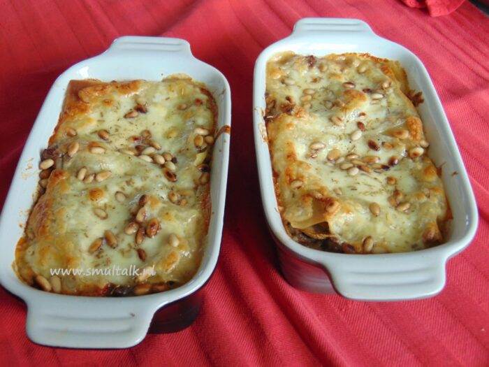 lasagne met gehakt en groenten in twee schaaltjes